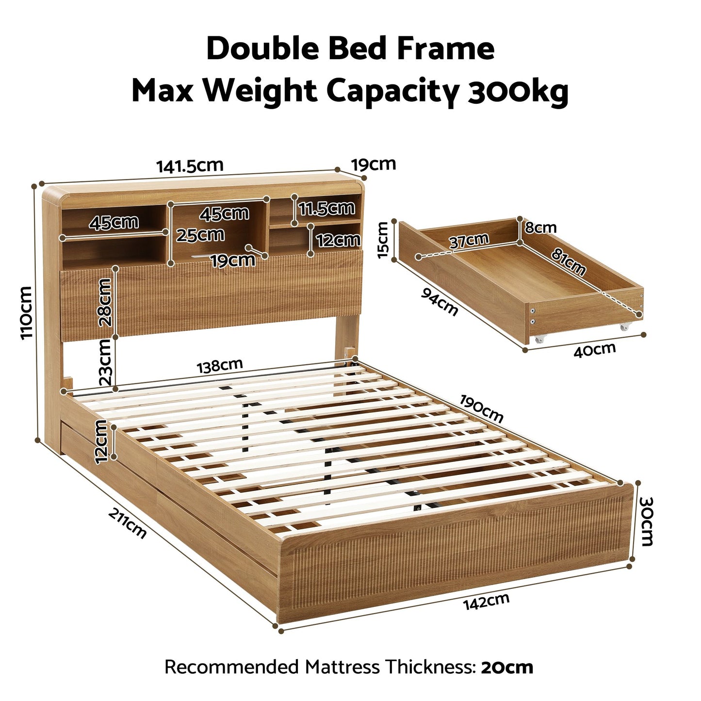 TWSC Double Bed Frame with Storage, 4 Drawers, USB and Night Light Natural