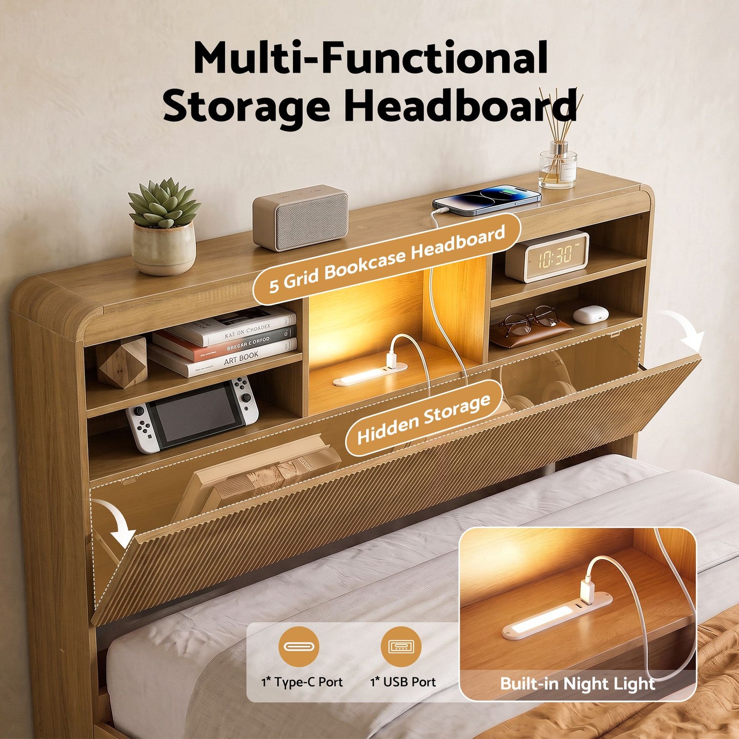 TWSC Double Bed Frame with Storage, 4 Drawers, USB and Night Light Natural