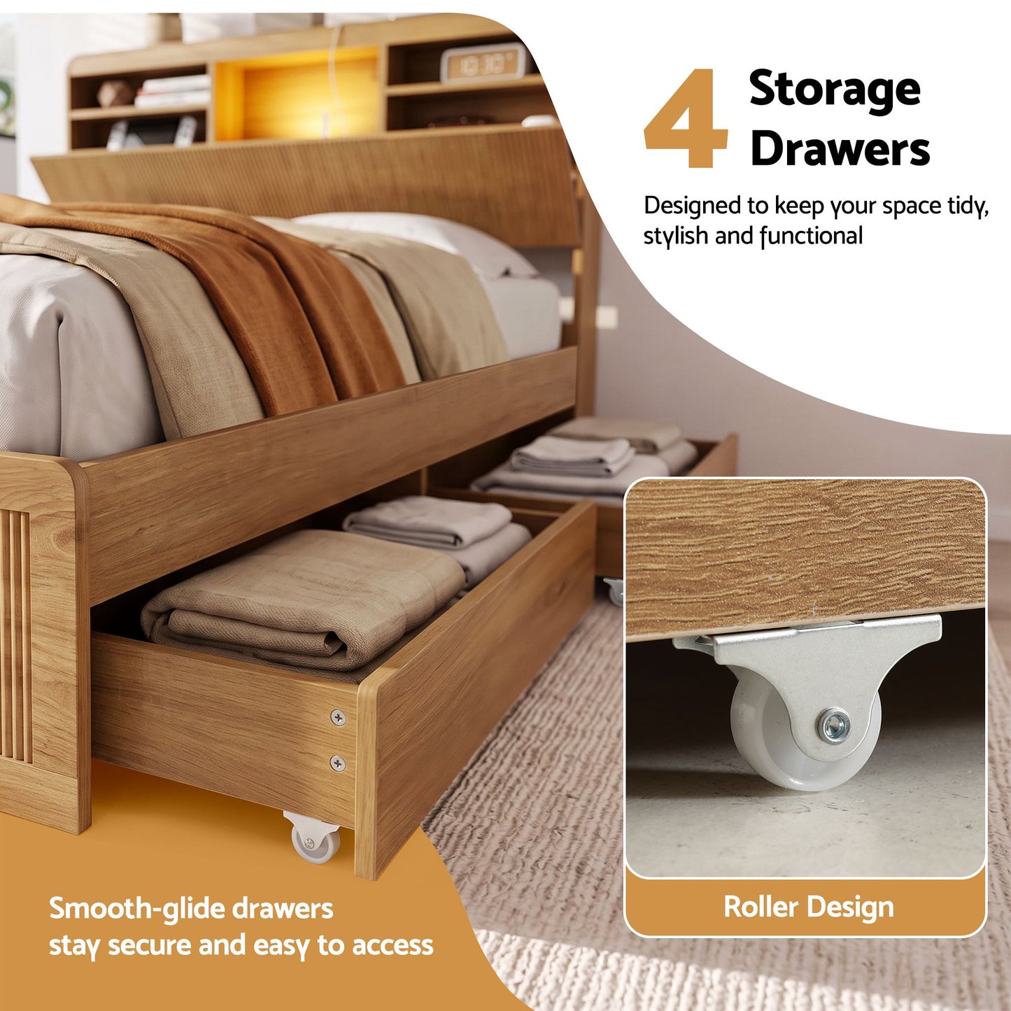 TWSC Double Bed Frame with Storage, 4 Drawers, USB and Night Light Natural