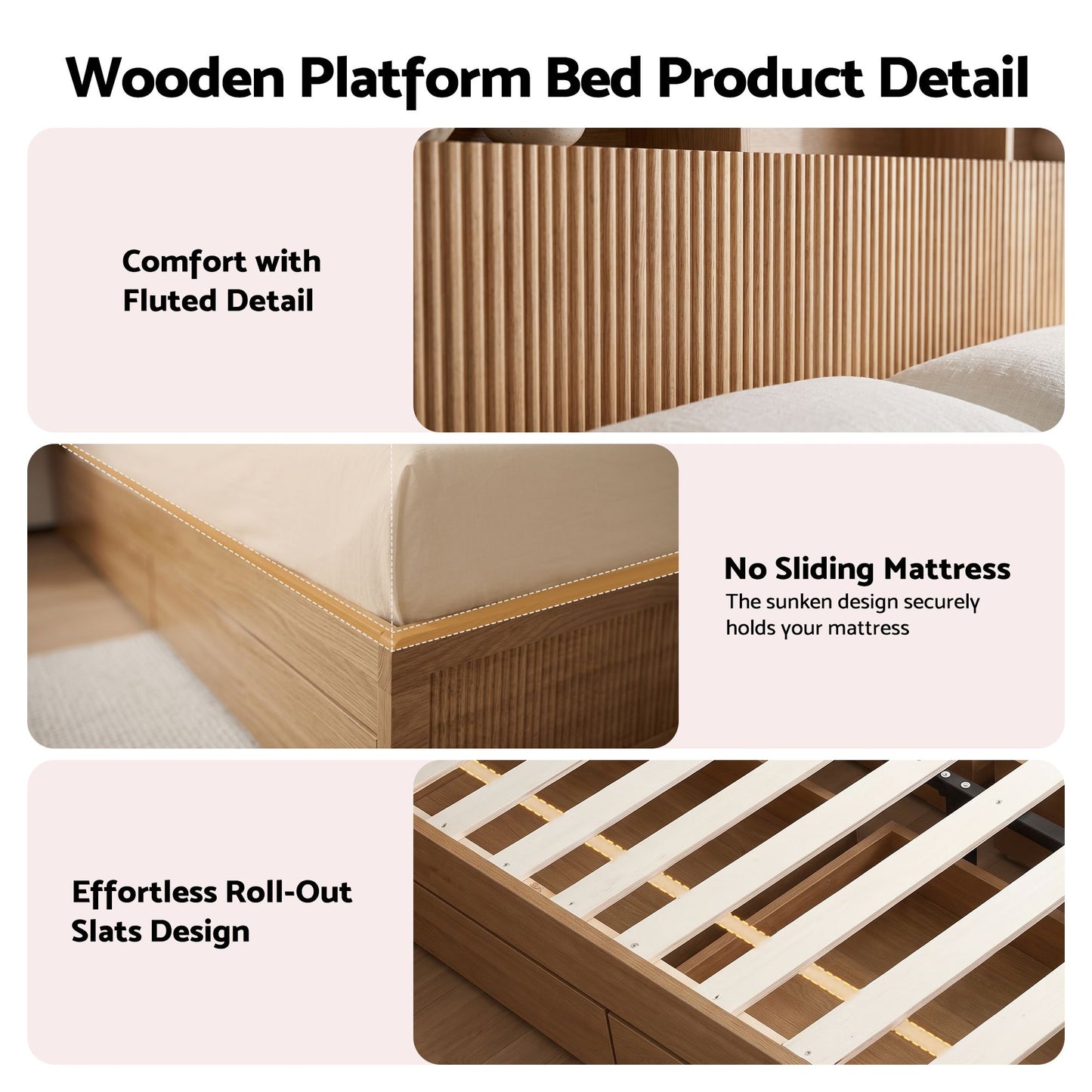 TWSC Double Bed Frame with Storage, 4 Drawers, USB and Night Light Natural