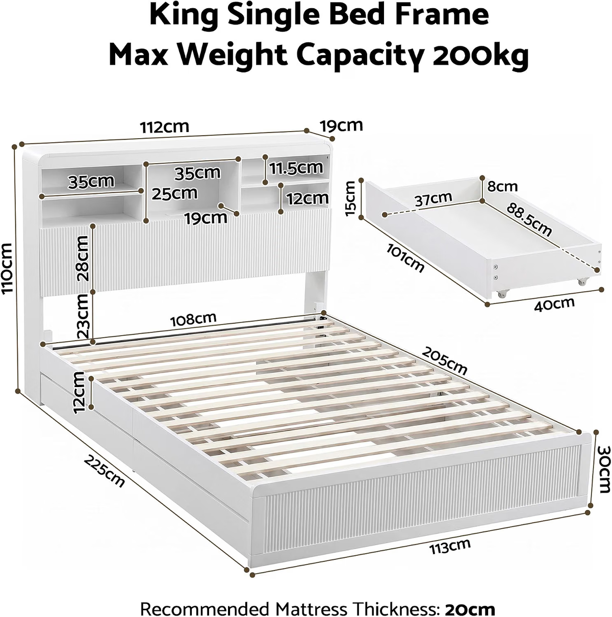 TWSC King Single Bed Frame and 2 Bedside Table Bedroom Furniture Set