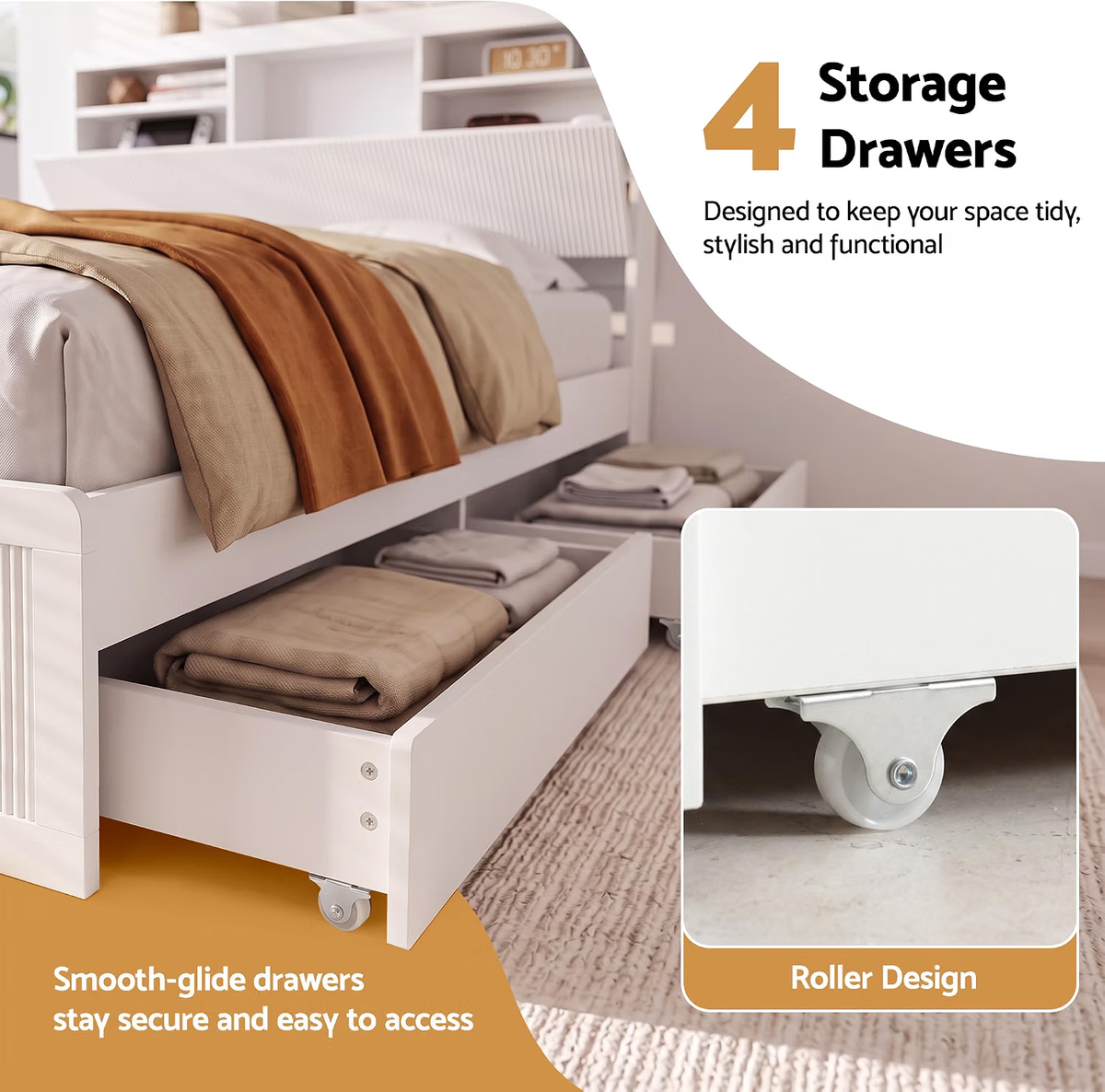 TWSC King Single Bed Frame and 2 Bedside Table Bedroom Furniture Set