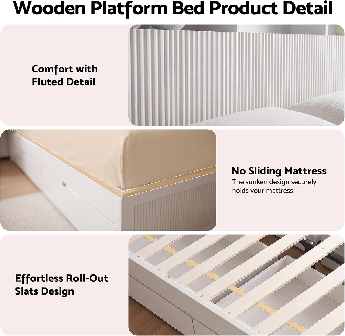 TWSC King Single Bed Frame and 2 Bedside Table Bedroom Furniture Set