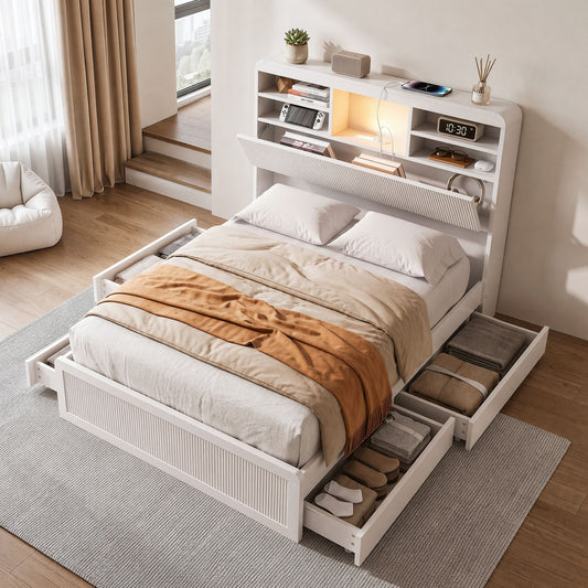 TWSC King Single Bed Frame with Storage, 4 Drawers, USB and Night Light White
