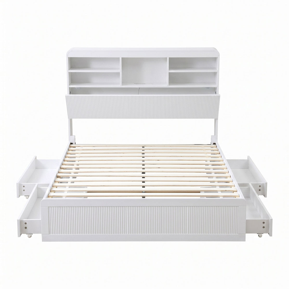 TWSC King Single Bed Frame with Storage, 4 Drawers, USB and Night Light White
