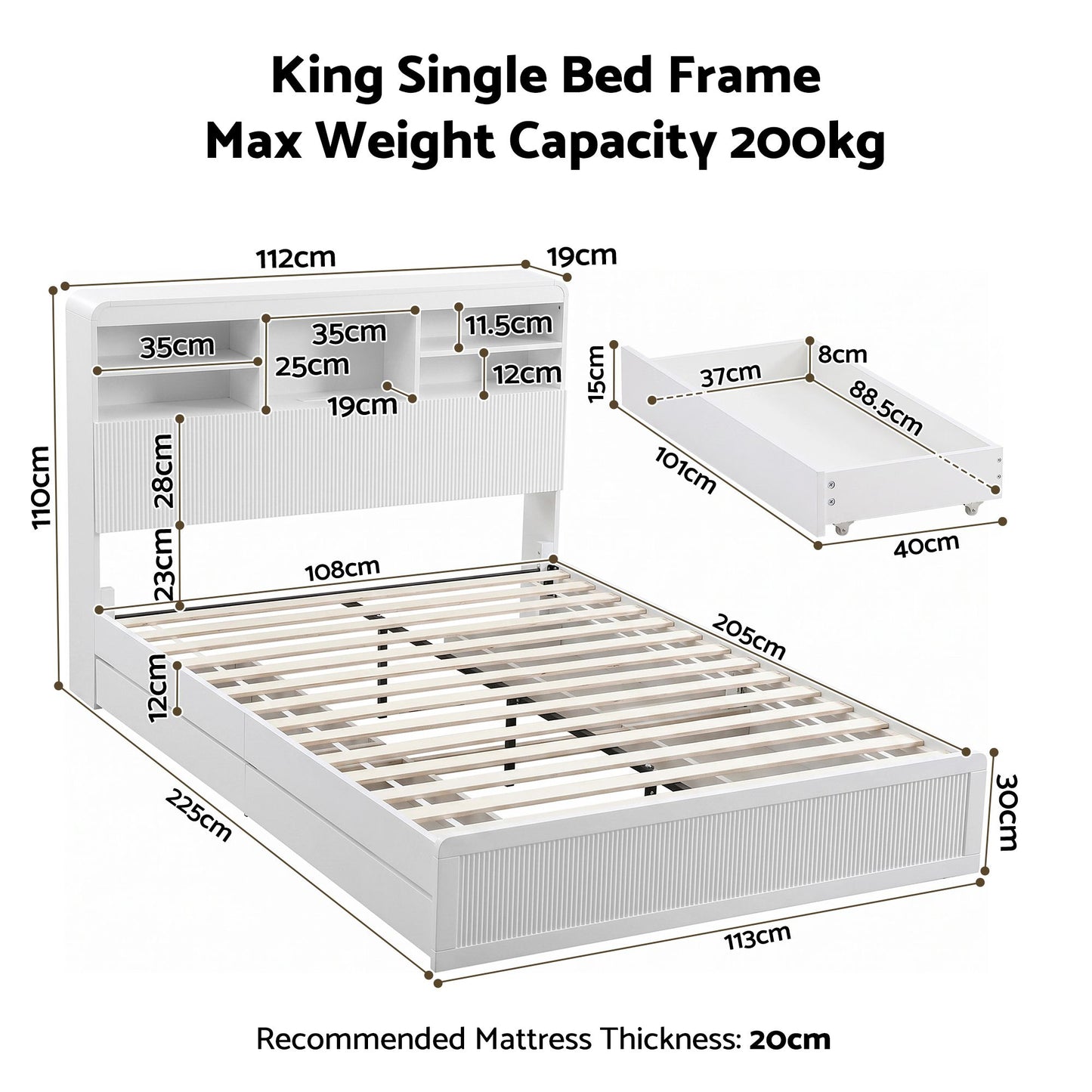 TWSC King Single Bed Frame with Storage, 4 Drawers, USB and Night Light White