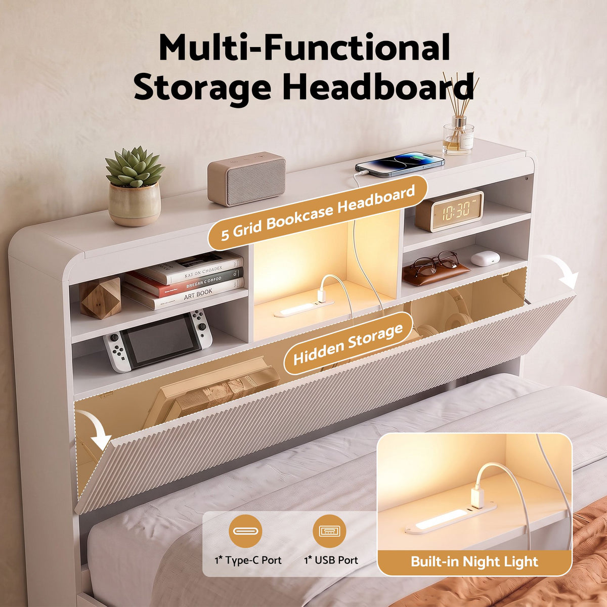 TWSC King Single Bed Frame with Storage, 4 Drawers, USB and Night Light White