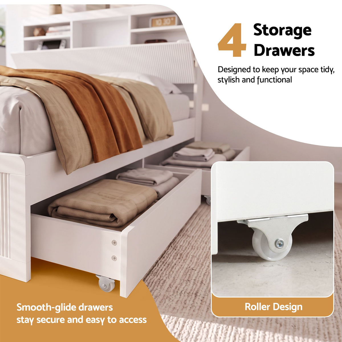 TWSC King Single Bed Frame with Storage, 4 Drawers, USB and Night Light White