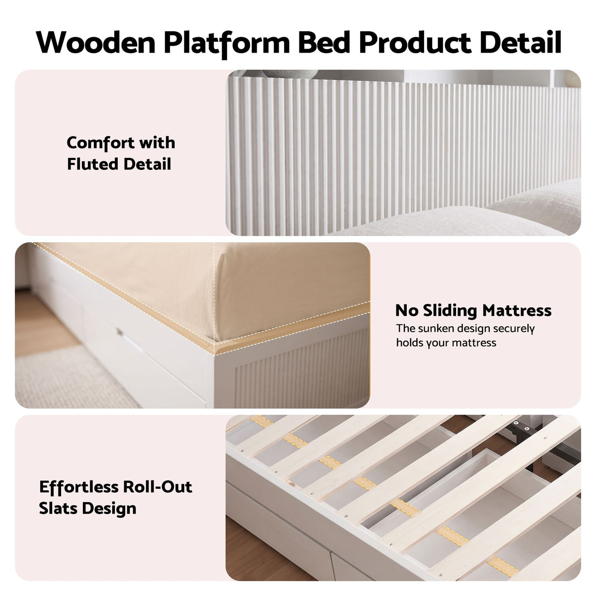 TWSC King Single Bed Frame with Storage, 4 Drawers, USB and Night Light White