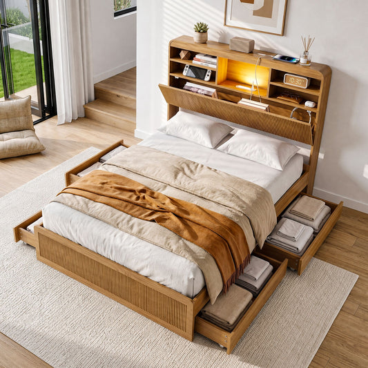 TWSC King Single Bed Frame with Storage, 4 Drawers, USB and Night Light Natural