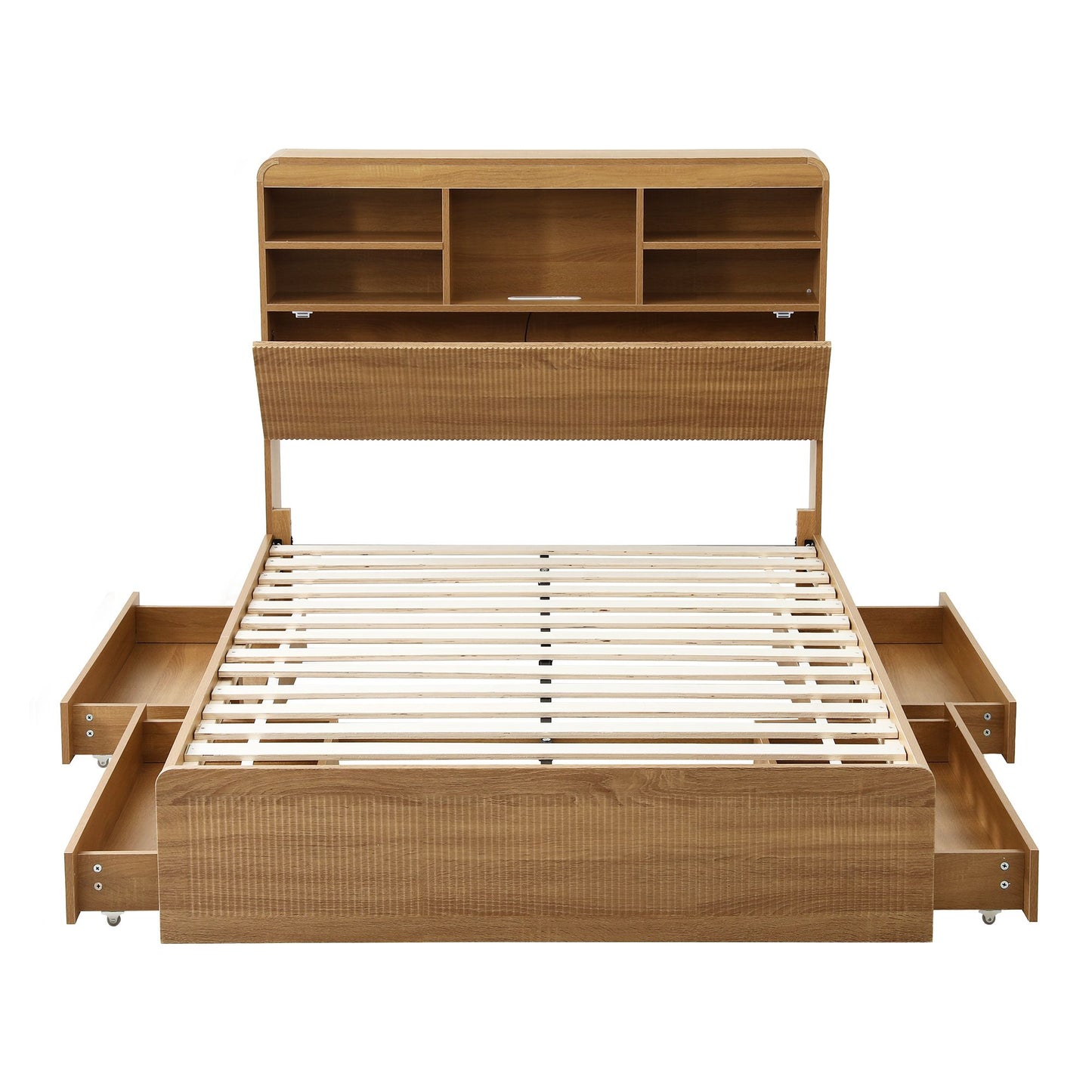 TWSC King Single Bed Frame with Storage, 4 Drawers, USB and Night Light Natural