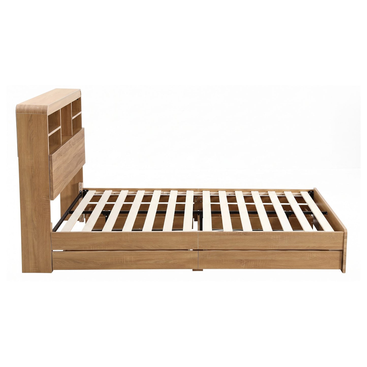 TWSC King Single Bed Frame with Storage, 4 Drawers, USB and Night Light Natural