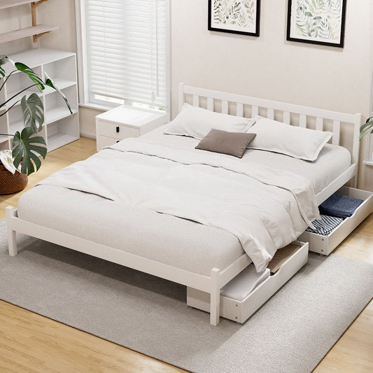 TWSC Bed Frame Double Size Wooden Platform with 2 Storage Drawers White SOFIE
