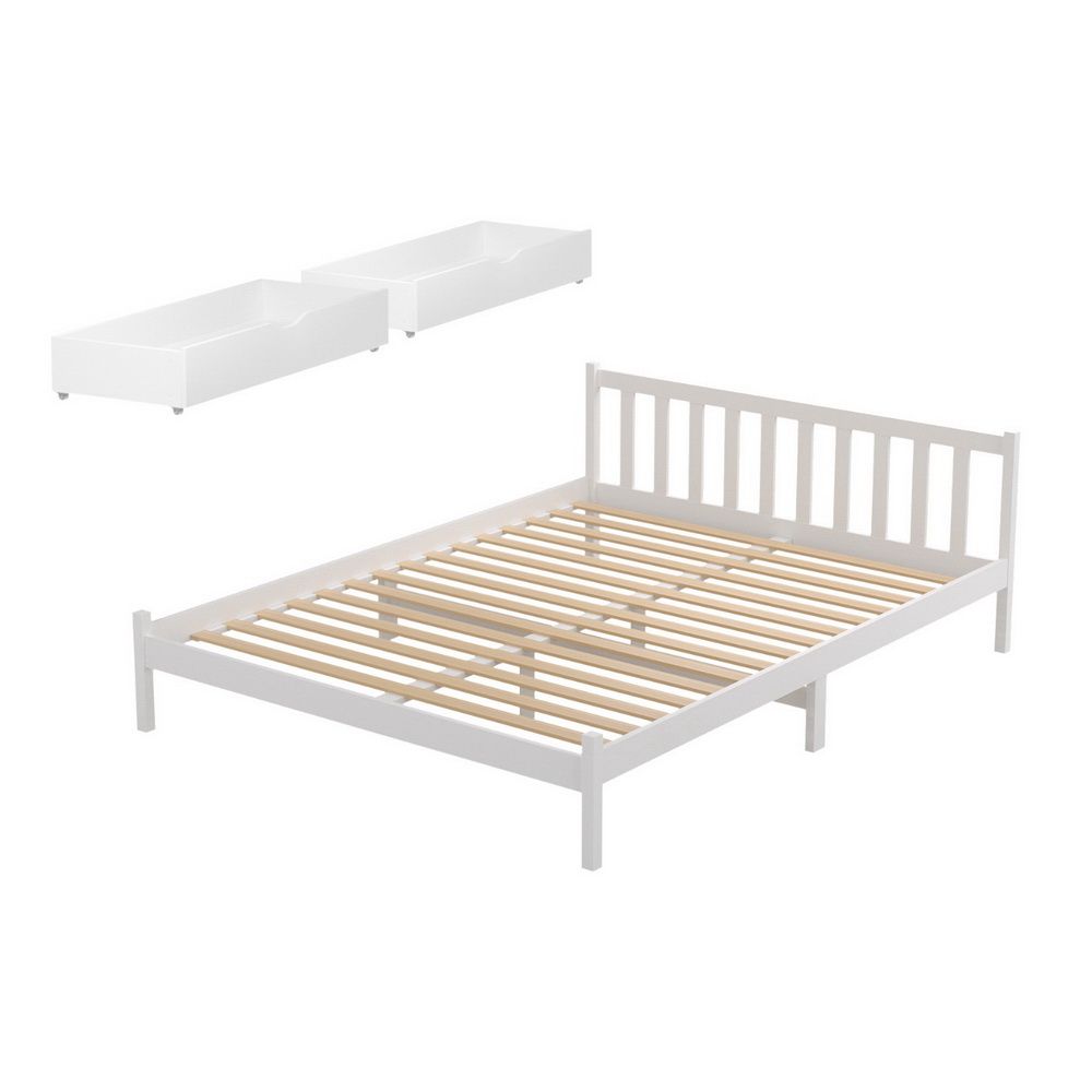 TWSC Bed Frame Double Size Wooden Platform with 2 Storage Drawers White SOFIE