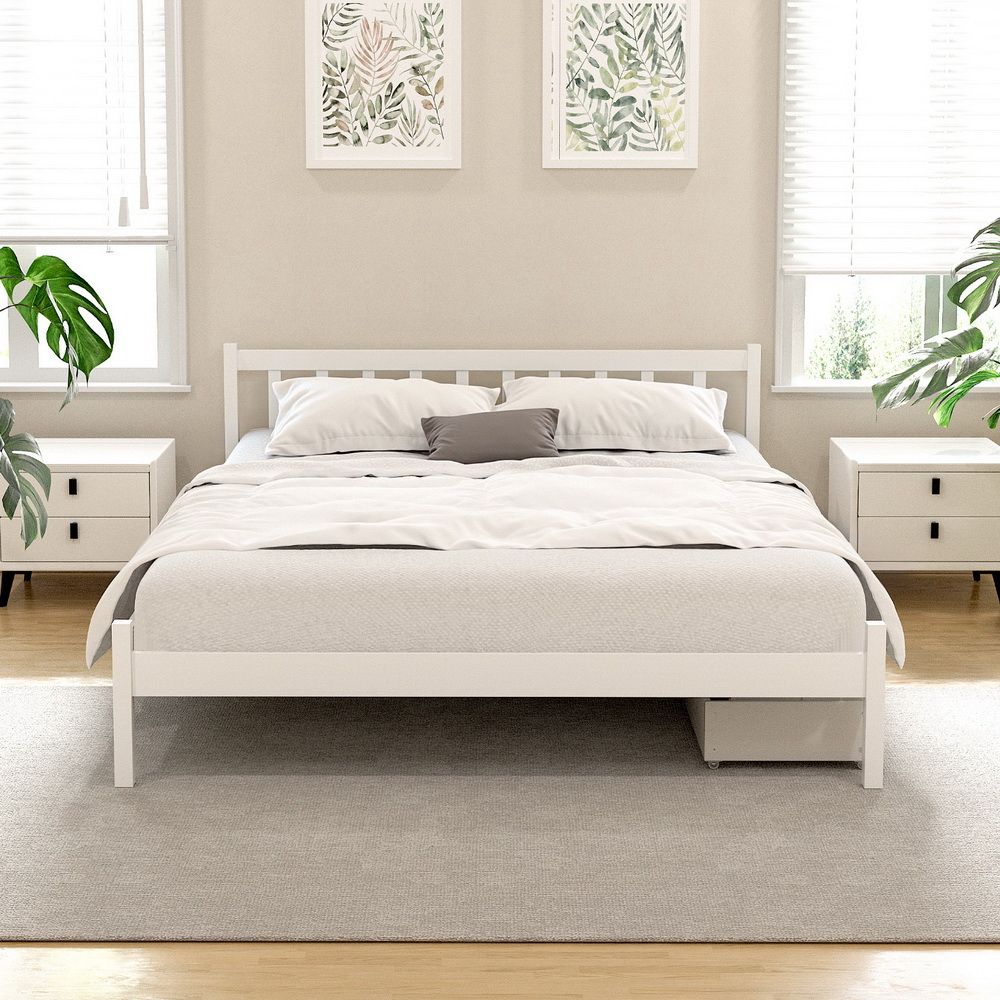 TWSC Bed Frame Double Size Wooden Platform with 2 Storage Drawers White SOFIE