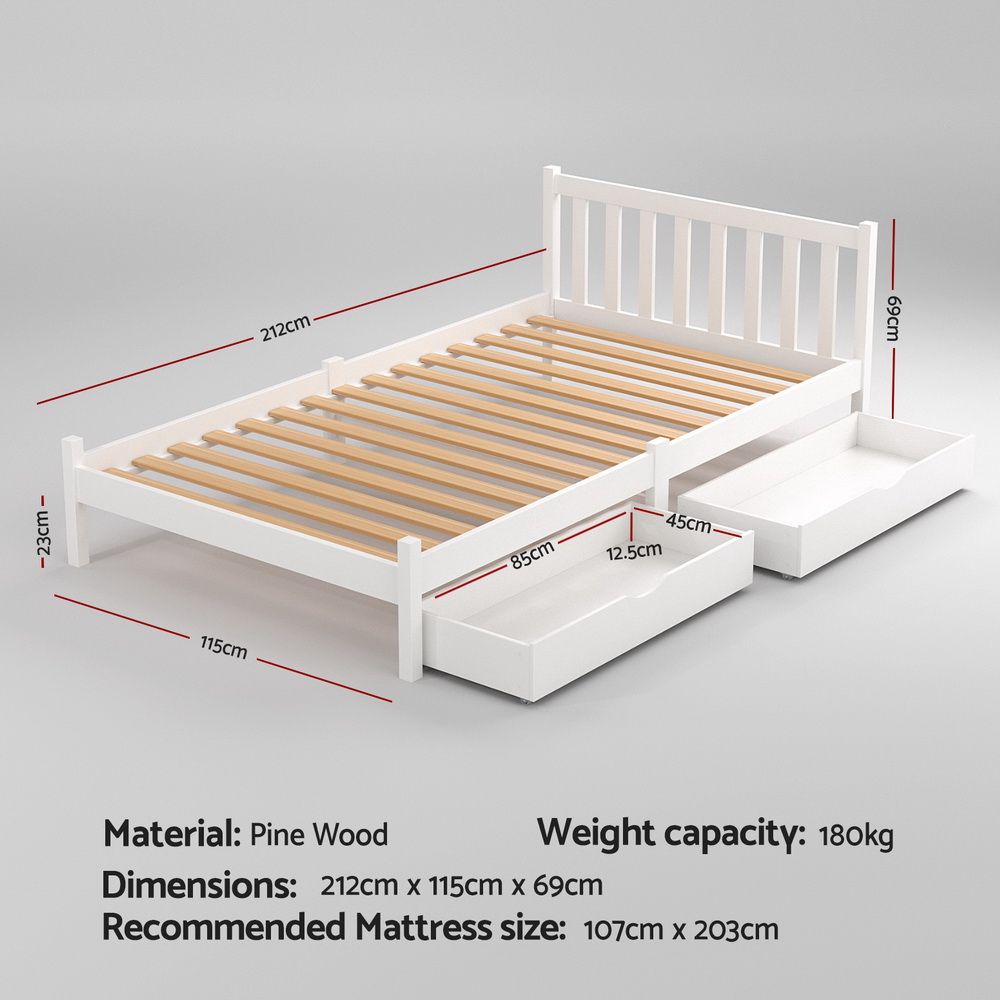 Sofie Bed Frame – Wooden Platform with 2 Storage Drawers, King Single White