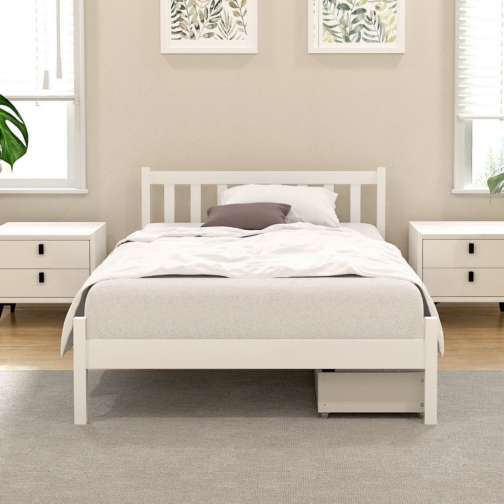 Sofie Bed Frame – Wooden Platform with 2 Storage Drawers, King Single White