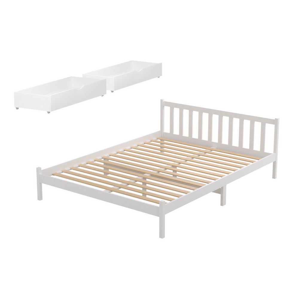 TWSC Bed Frame Queen Size Wooden Platform with 2 Storage Drawers White