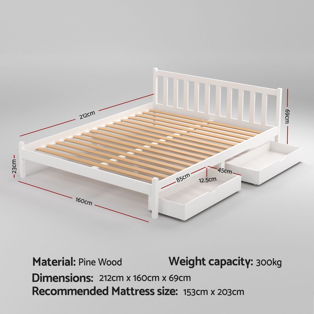 TWSC Bed Frame Queen Size Wooden Platform with 2 Storage Drawers White