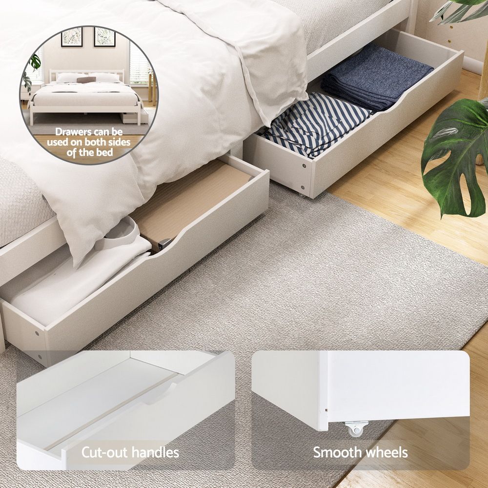 TWSC Bed Frame Queen Size Wooden Platform with 2 Storage Drawers White