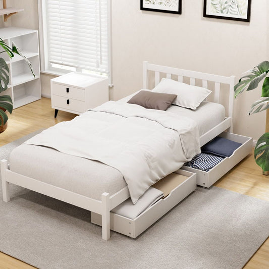 TWSC Bed Frame Single Size Wooden Platform with 2 Storage Drawers White SOFIE