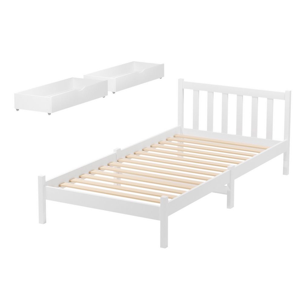 TWSC Bed Frame Single Size Wooden Platform with 2 Storage Drawers White SOFIE