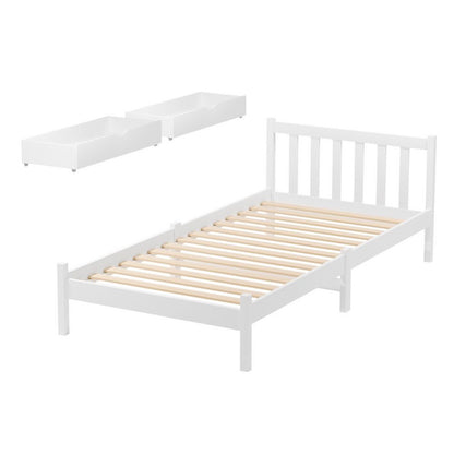 TWSC Bed Frame Single Size Wooden Platform with 2 Storage Drawers White SOFIE