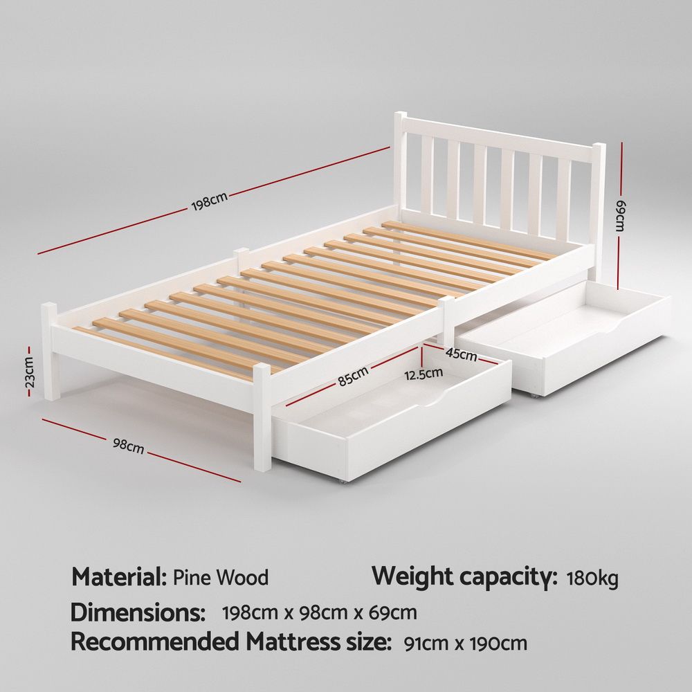 TWSC Bed Frame Single Size Wooden Platform with 2 Storage Drawers White SOFIE
