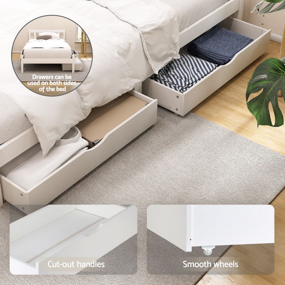 TWSC Bed Frame Single Size Wooden Platform with 2 Storage Drawers White SOFIE