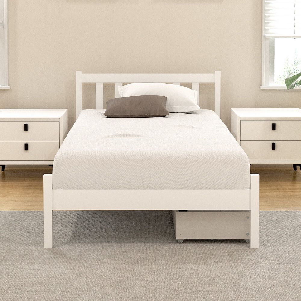 TWSC Bed Frame Single Size Wooden Platform with 2 Storage Drawers White SOFIE