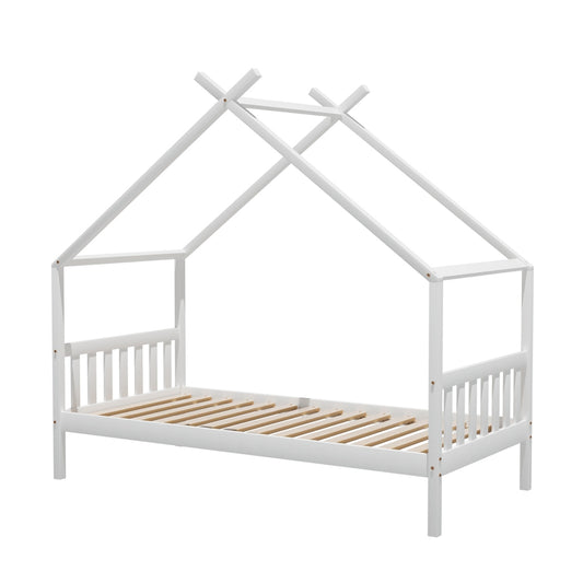 Bed Frame Single Kids House Design – Solid Pine, White