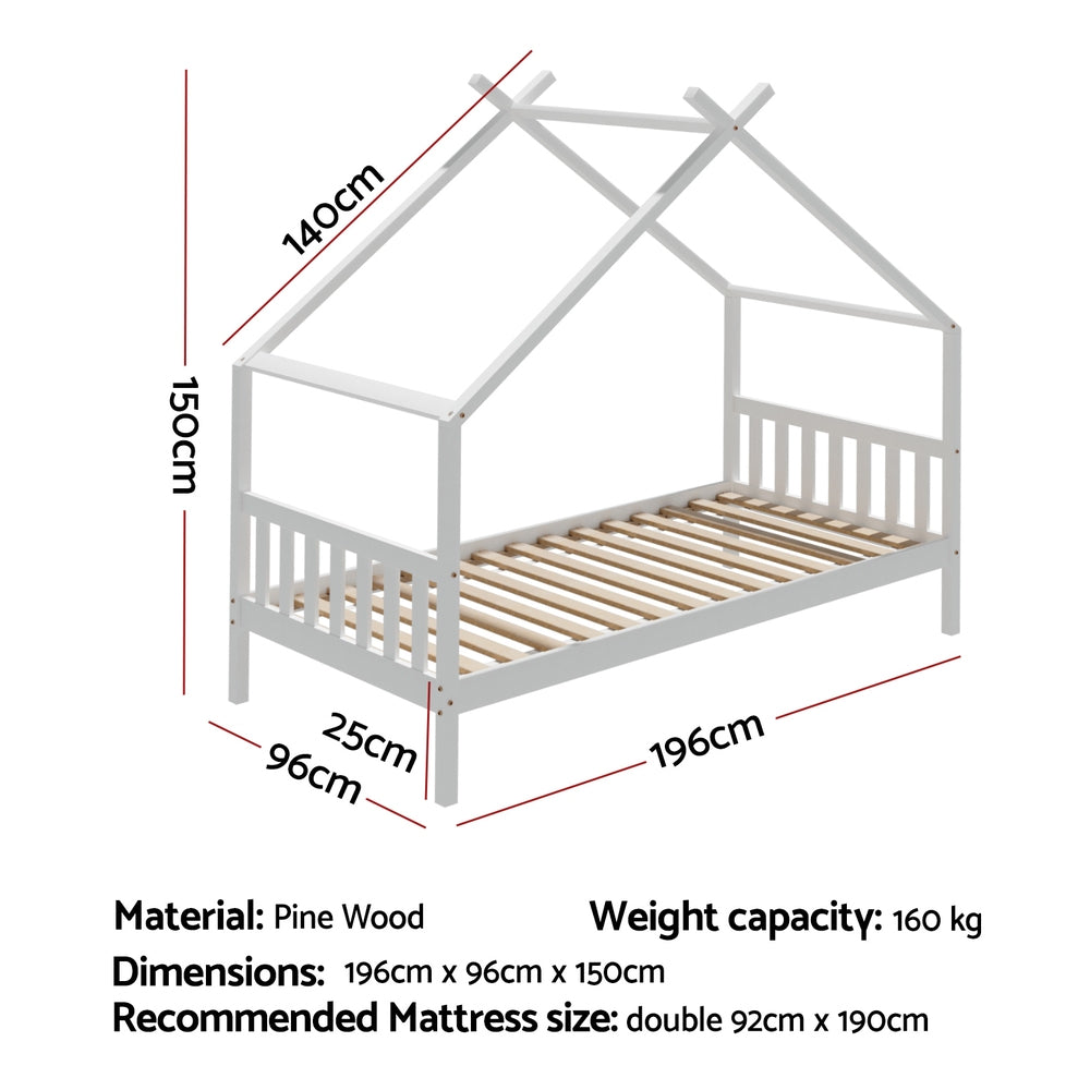 Bed Frame Single Kids House Design – Solid Pine, White