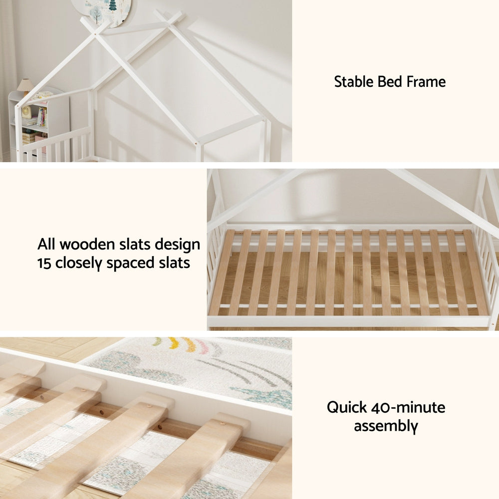 Bed Frame Single Kids House Design – Solid Pine, White