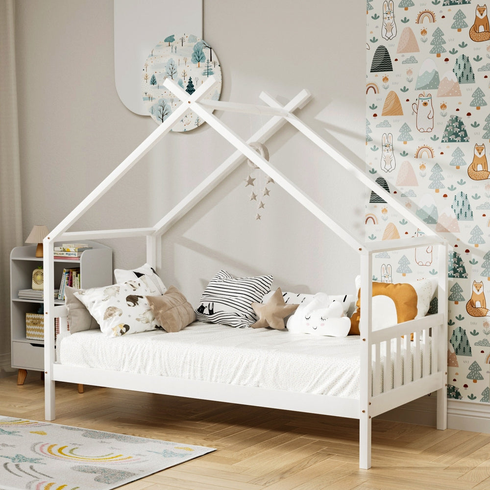 Bed Frame Single Kids House Design – Solid Pine, White
