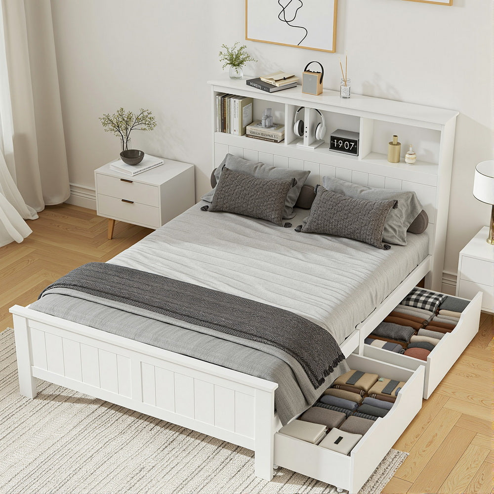 TWSC Bed Frame Double Size Wooden with 3 Shelves Bed Head White
