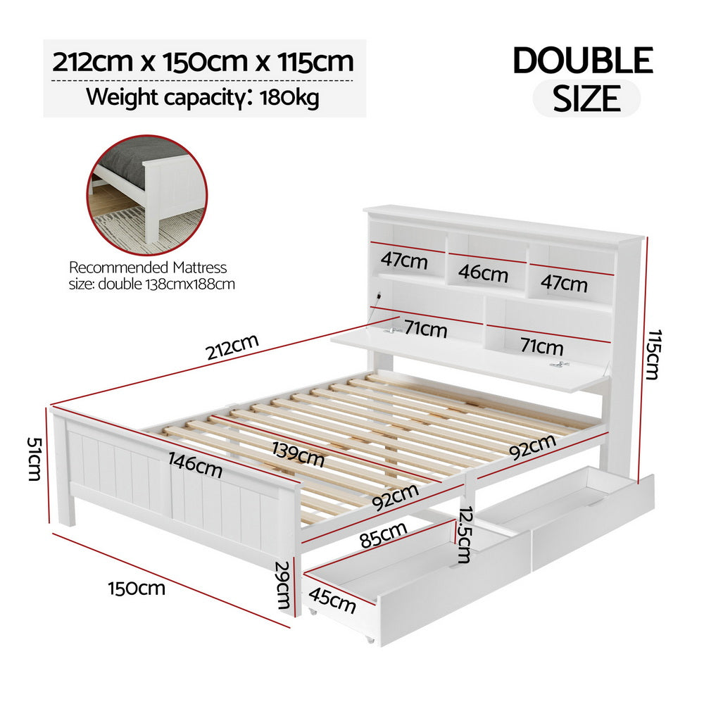 TWSC Bed Frame Double Size Wooden with 3 Shelves Bed Head White