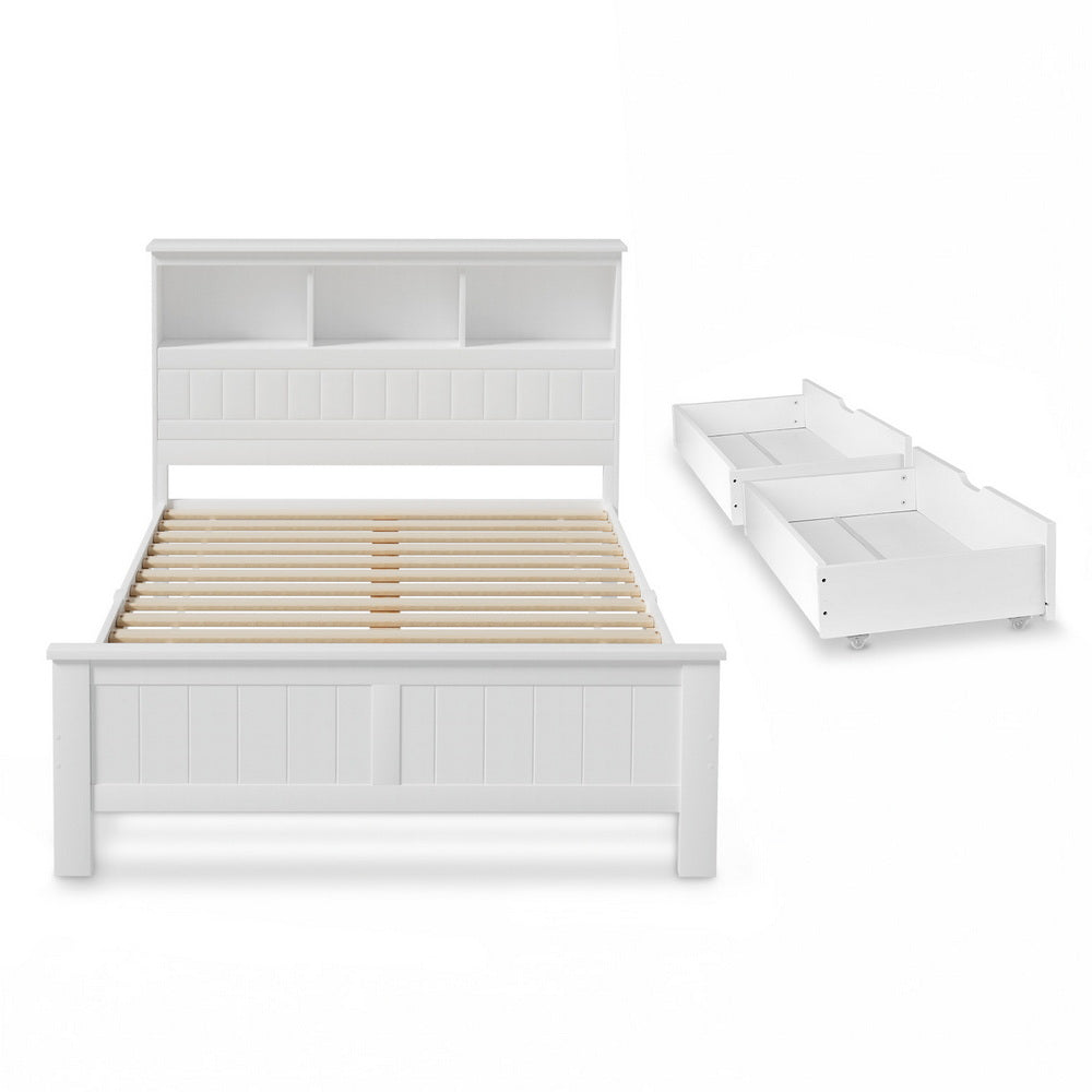 TWSC Bed Frame Double Size Wooden with 3 Shelves Bed Head White