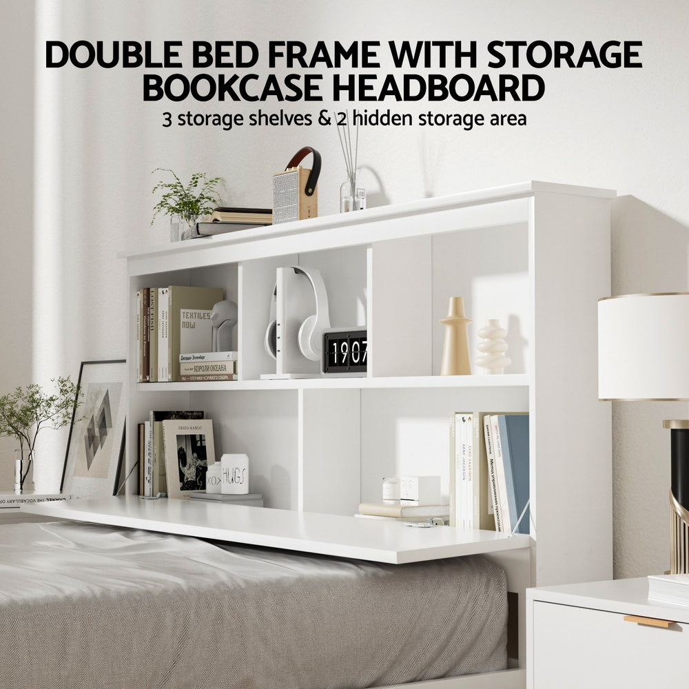 TWSC Bed Frame Double Size Wooden with 3 Shelves Bed Head White