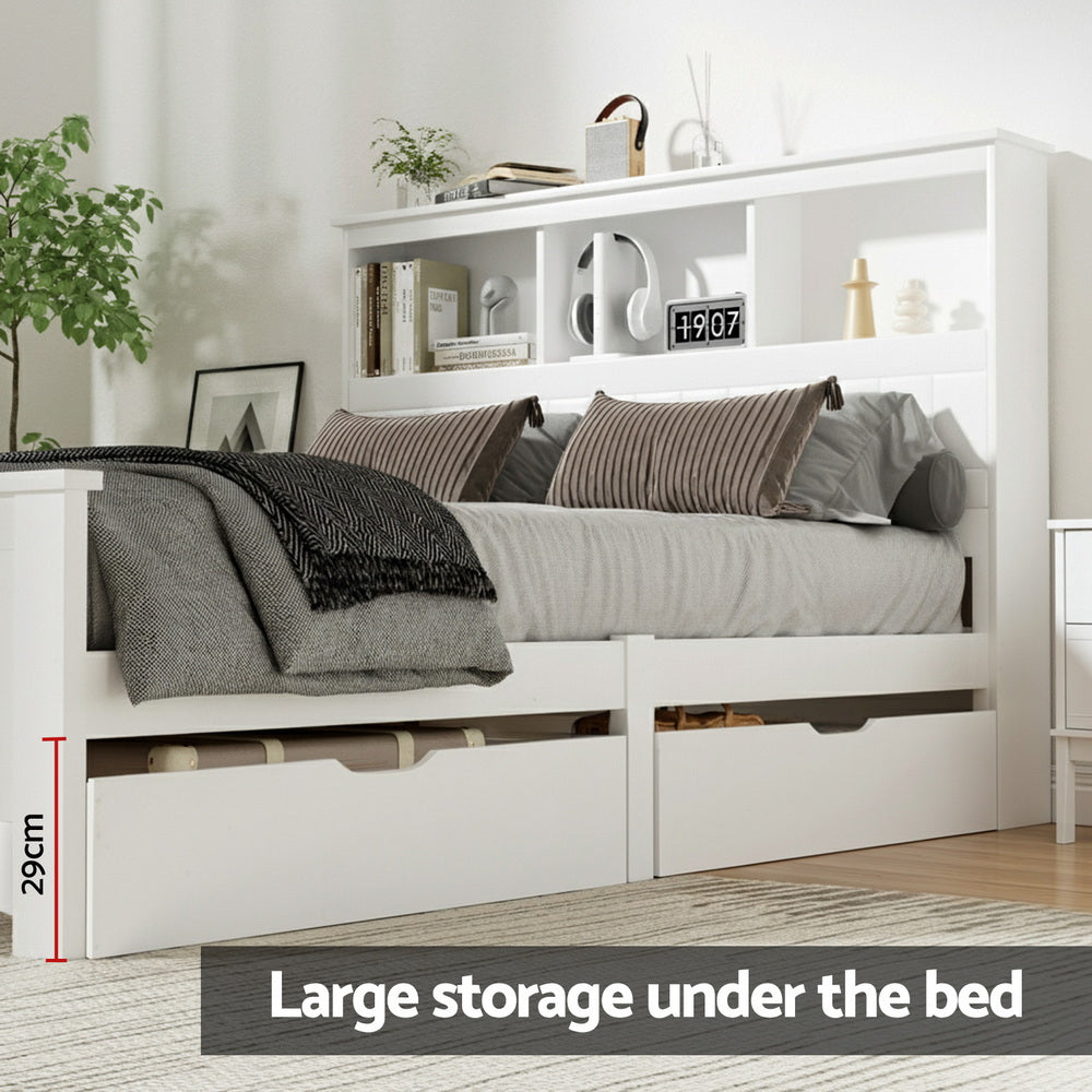 TWSC Bed Frame Double Size Wooden with 3 Shelves Bed Head White