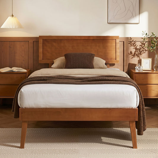 TWSC Bed Frame Single Size Wooden Bed Base Walnut SPLAY