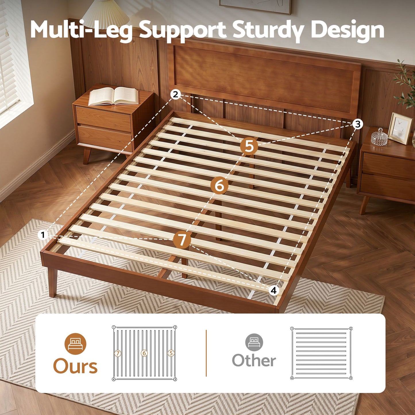 TWSC Bed Frame Single Size Wooden Bed Base Walnut SPLAY