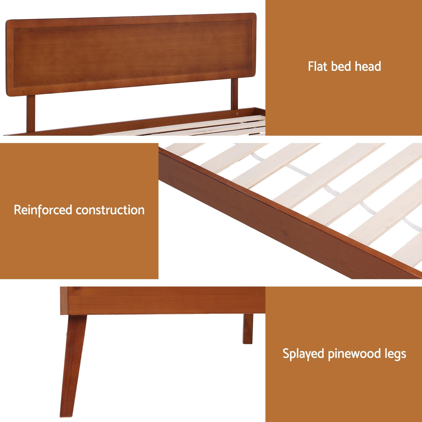TWSC Bed Frame Single Size Wooden Bed Base Walnut SPLAY