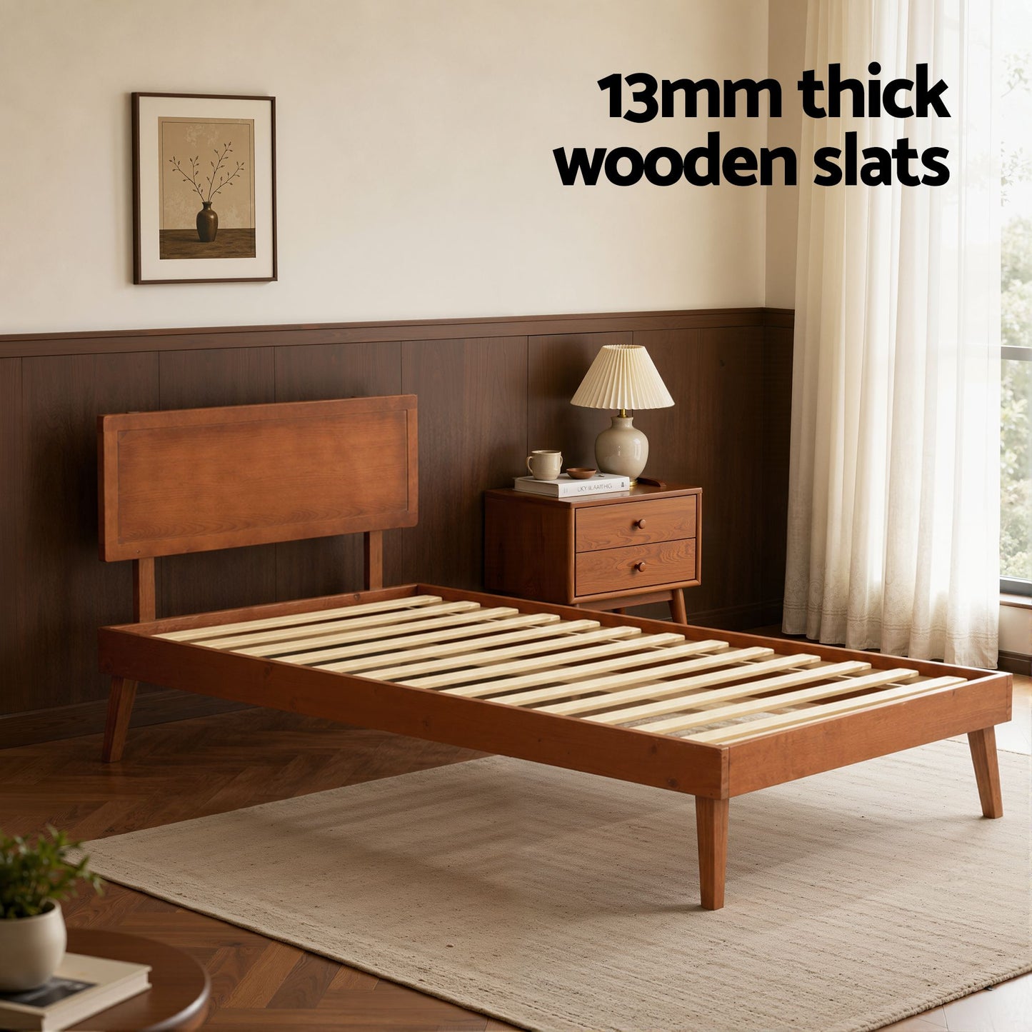 TWSC Bed Frame Single Size Wooden Bed Base Walnut SPLAY