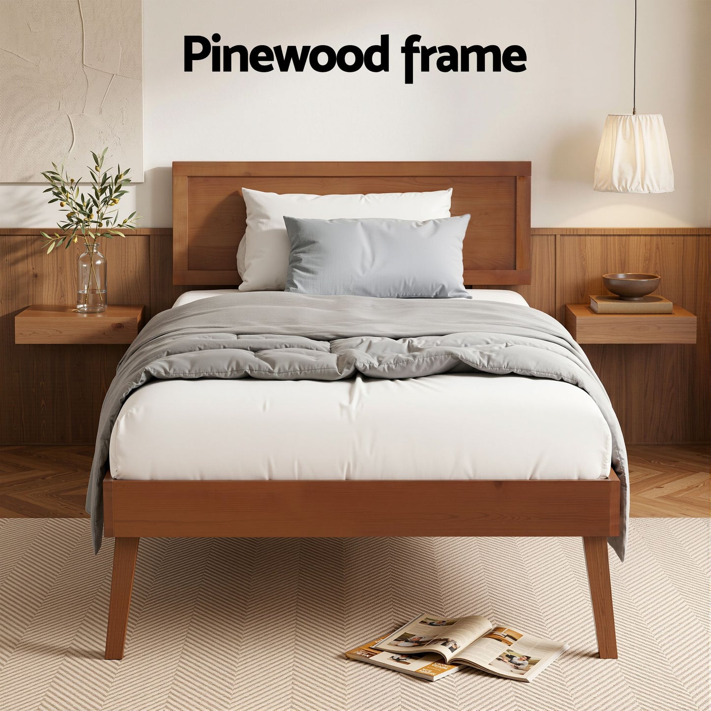 TWSC Bed Frame Single Size Wooden Bed Base Walnut SPLAY