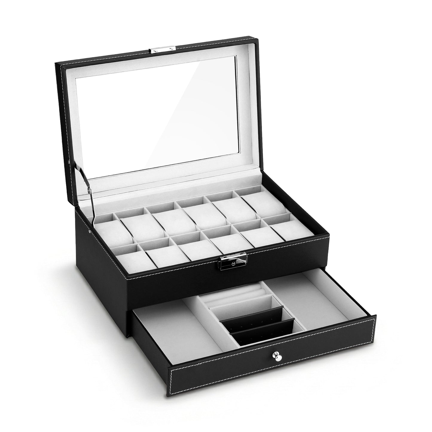 Watch and Jewelry Organizer – 12-Grid Display Case with Glass Top, Black Faux Leather