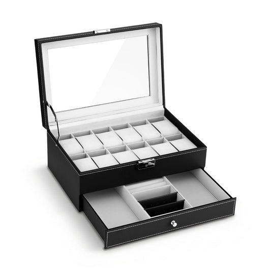 Watch and Jewelry Organizer – 12-Grid Display Case with Glass Top, Black Faux Leather