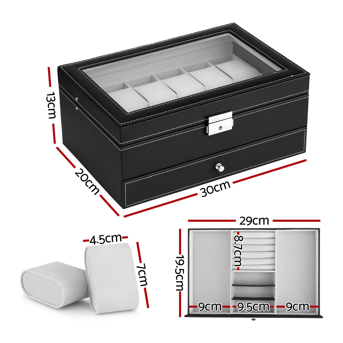 Watch and Jewelry Organizer – 12-Grid Display Case with Glass Top, Black Faux Leather