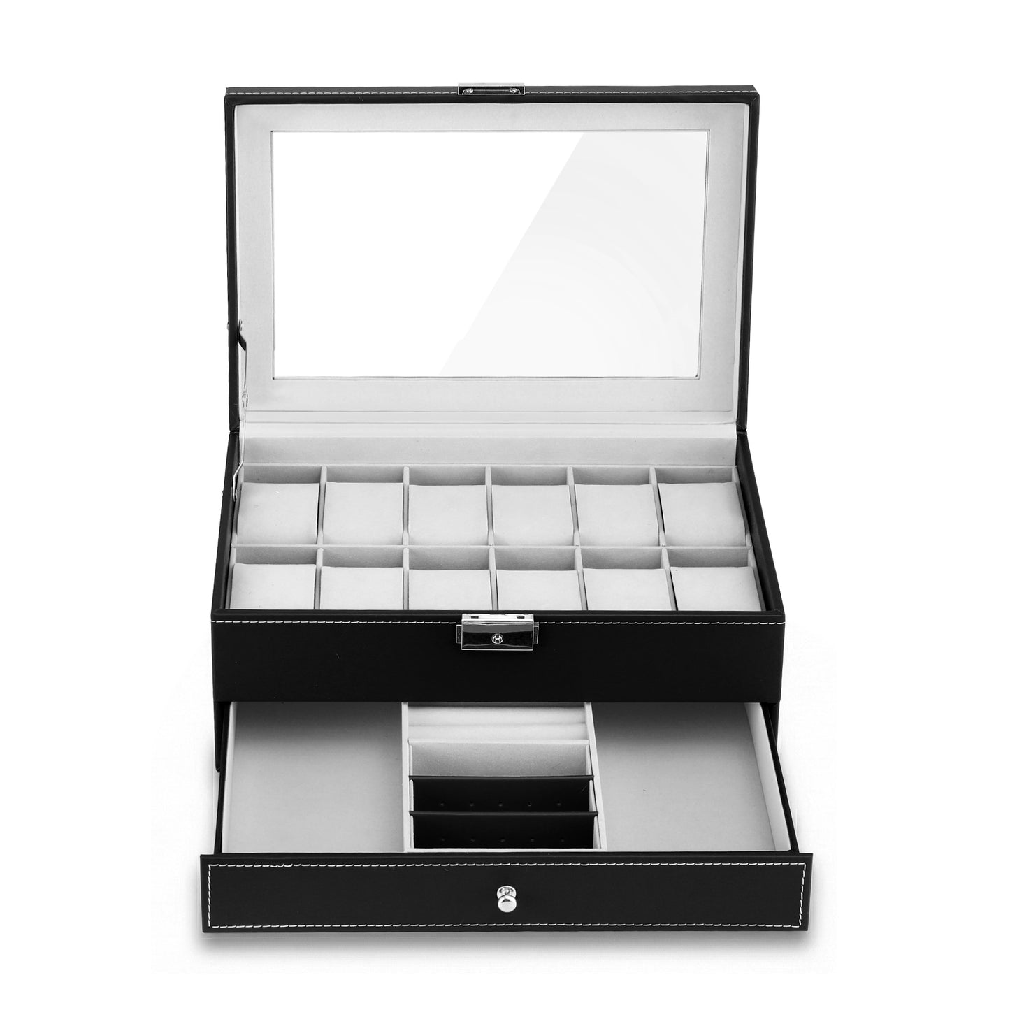Watch and Jewelry Organizer – 12-Grid Display Case with Glass Top, Black Faux Leather