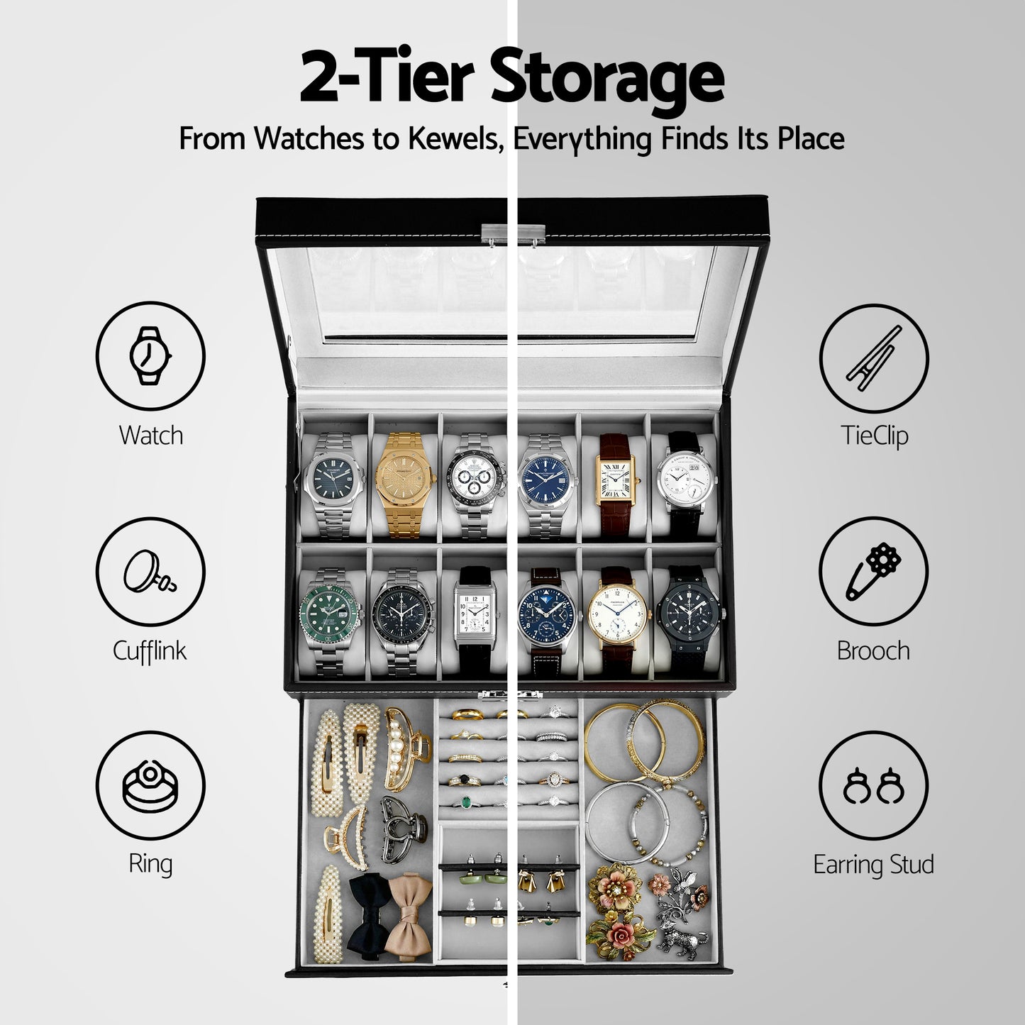 Watch and Jewelry Organizer – 12-Grid Display Case with Glass Top, Black Faux Leather