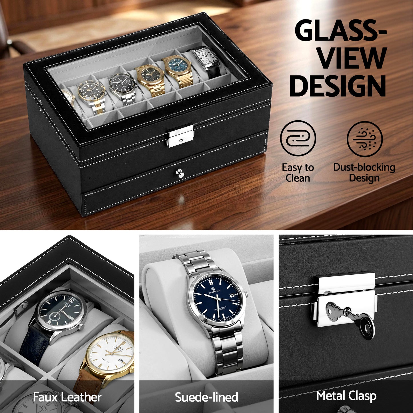 Watch and Jewelry Organizer – 12-Grid Display Case with Glass Top, Black Faux Leather